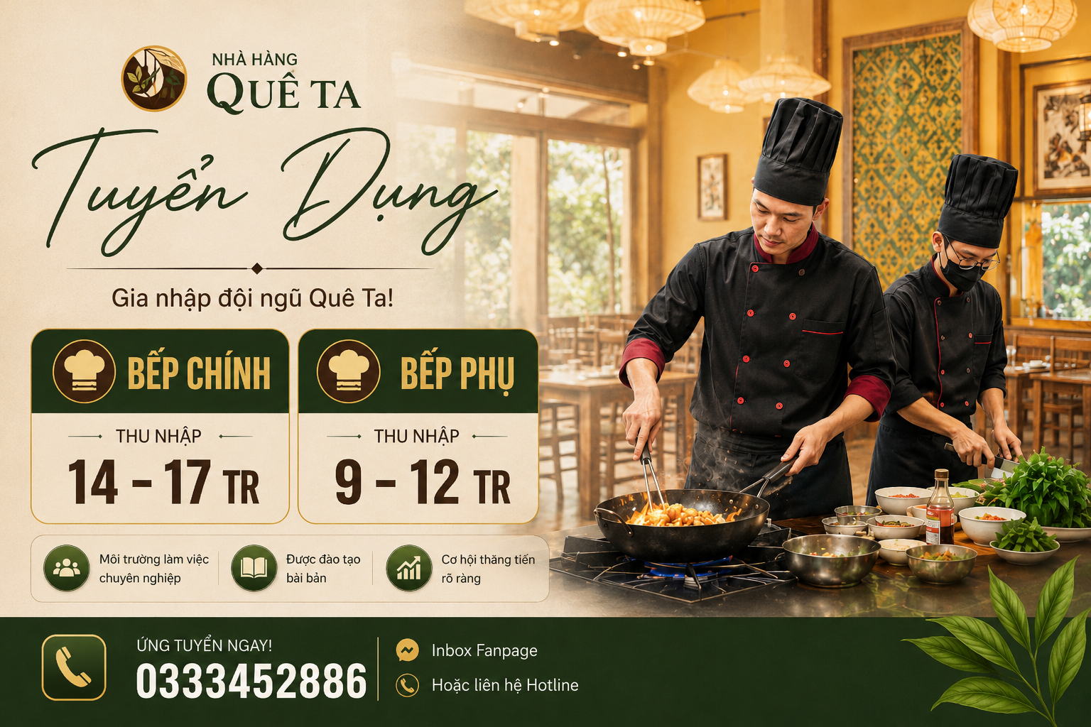  NHÀ HÀNG QUÊ TA HÀ NỘI TUYỂN GẤP BẾP CHÍNH & BẾP PHỤ